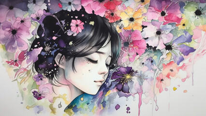 美しい花々と少女 Beautiful Flowers and Girls, Generative AI 画像生成AI