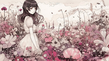Fototapeta premium 美しい花々と少女 Beautiful Flowers and Girls, Generative AI 画像生成AI