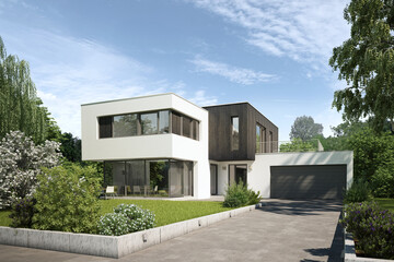 Moderne Villa mit Fassaden-Elementen aus karbonisiertem Holz - obrazy, fototapety, plakaty