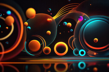 Abstract background. Multicolored neon lines and circles. AI generative.