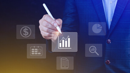 Big data analytics and business intelligence BI concept with chart and graph icons on digital screen interface and business people in the background.