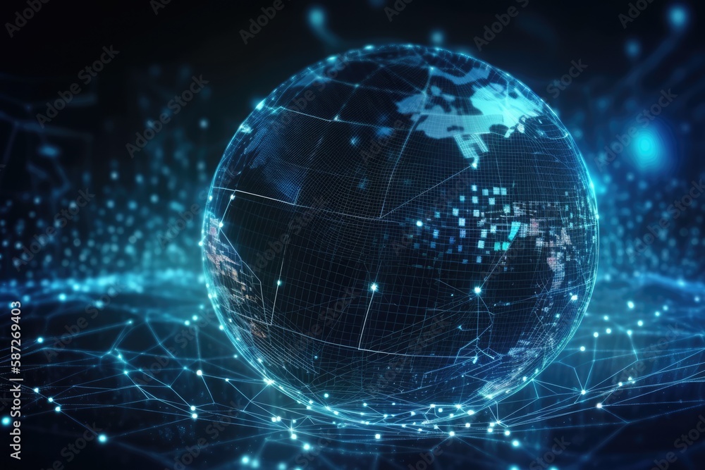 Poster futuristic global network with interconnected lines and dots on a blue and black globe. generative a