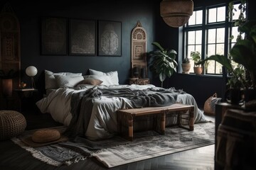 Black walls, bohemian décor, and white bed in bedroom. Generative AI