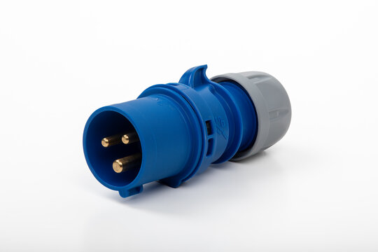 Blue Waterproof Electrical Plug on White Background - Industrial 240V Volt 16 Amp Plug