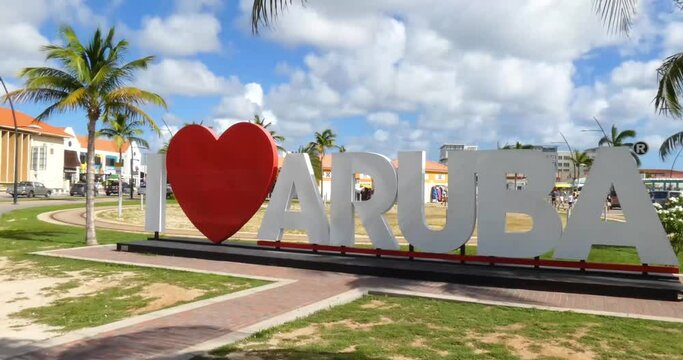 I Love Aruba sign, along the main road in downtown Of Oranjestad.