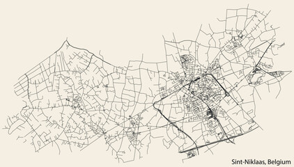 Detailed hand-drawn navigational urban street roads map of the Belgian city of SINT-NIKLAAS, BELGIUM with solid road lines and name tag on vintage background