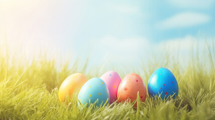 Fototapeta premium Easter eggs in the grass on a sunny spring meadow, blue sky background