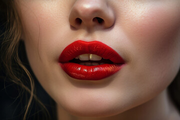 Passionate female lips with red lipstick close-up. Seductive lady mouth open. ai generated