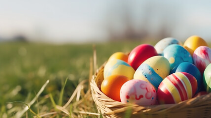 Fototapeta na wymiar Easter eggs in the basket in grass, sunny spring meadow blue sky panorama background
