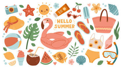 Set of cute summer icons ice cream, coconut, fruits, flamingo. Collection of scrapbooking elements for beach party.