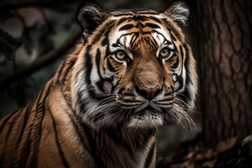 Plakat A tiger approaches and turns to face me. Generative AI