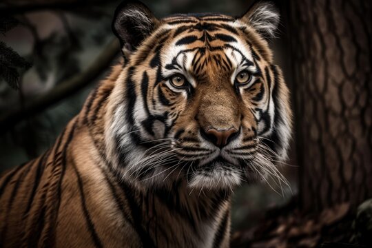 A tiger approaches and turns to face me. Generative AI