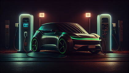 Fototapeta na wymiar Electric car charging on the station, illustration. Green neon glowing EV vehicle filling up a battery. Modern hybrid