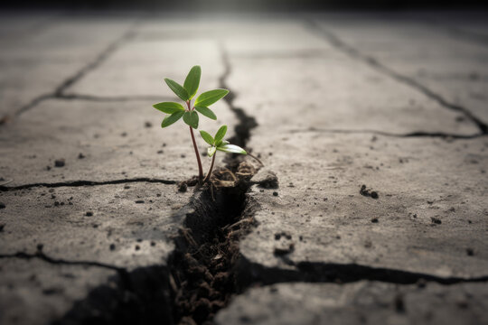 young evolving plant seedling growing out of craced concrete with city skyline in the background symbolizing nature taking back the rural environment, generative AI