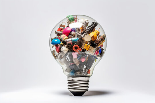Creative brainstorming mindset concept, classic light bulb filled with colorful ideas, creative idea generation, generative AI