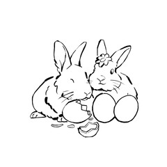 Cute Easter Bunnies, Two rabbits with chocolate eggs, flower petal on head. Linework only. Transparent background. Illustrated in ink style.