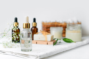 Banner Natural medicine, organic cosmetics, cosmetic product research, organic skin care products. Top view, flat lay. Skin care concept. Dermatology.