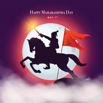 Happy Maharashtra day. silhouette of Chhatrapati Shivaji Maharaj raiding horse 