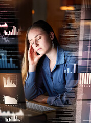 Night overlay, tired or headache of woman in data analysis, trading or stock market depression,...