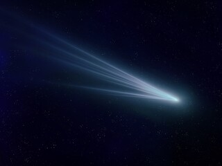 Celestial body in space. Astronomical photo of a comet. Glowing tail of a meteor.