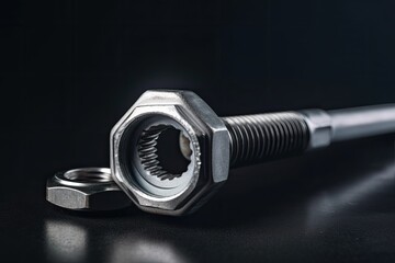 Wrench tightens bolt in steel billet. Spanner, bolt, screw and nuts with copy space