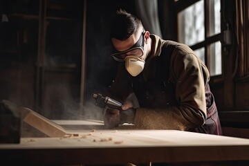 Young man carpenter wearing a dust mask factory workers Skilled carpenter cutting wood in his woodworking workshop with copy space