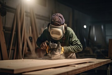 Young man carpenter wearing a dust mask factory workers Skilled carpenter cutting wood in his woodworking workshop with copy space