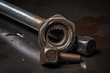 Wrench tightens bolt in steel billet. Spanner, bolt, screw and nuts with copy space