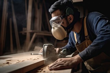 Young man carpenter wearing a dust mask factory workers Skilled carpenter cutting wood in his woodworking workshop with copy space - obrazy, fototapety, plakaty