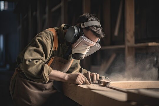 Young man carpenter wearing a dust mask factory workers Skilled carpenter cutting wood in his woodworking workshop with copy space