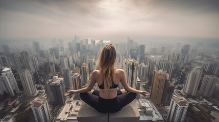 Fototapeta na wymiar woman practices yoga and meditates in the skyscaper. Generative AI