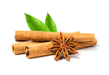 Cinnamon Anise with Leafs in White Background - Cinnamomum Zeylanicum Bark - Illicium Verum