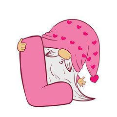 Gnome in a pink hat holds a large letter l in his hands
