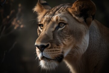 Naklejka premium Majestic presence of a female lion as she gazes intently into the distance, illuminated by the warm light of the rising sun. Created with generative A.I. 