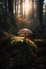 A toadstool on a mossy ground in a clearing, surrounded by tall trees. The sunrays shine dramatically through the canopy and illuminate the toadstool. Created with generative A.I. technology.