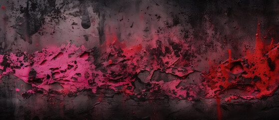 black red rough surface, old concrete wall, pink magenta grunge cement background, panoramic wide banner. Generative AI