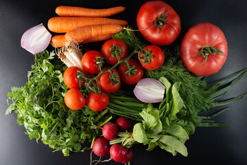 Fresh vegetables in water drops on a dark background. Carrots, tomatoes, radishes, dill, cilantro, celery and green onions. top view.