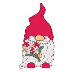 Gnome in a red hat holds a bouquet of flowers in his hands