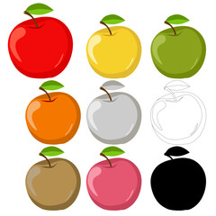 Colored apples set, red yellow green black apple with green leaf and twig silhouette vector icon