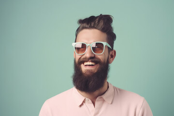 commercial studio mid-shot of happy hipster dreseed with sunglasses man, smiling, pastel background, pastel tones, minimal, isolated. Generative AI