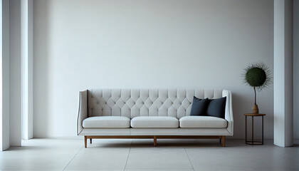 A sofa placed in front of wallpaper background
