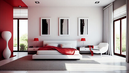 Minimalist clean style white and red bedroom interior
