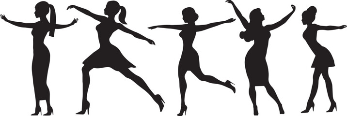 Young girls silhouettes are dancing. Vector stencils silhouettes of dancers