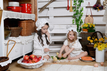 Happy easter! funny funny children with  chicks  getting ready for holiday