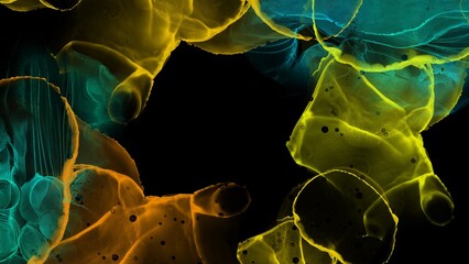 Alcohol ink background with black backdrop, creative hand drawn art with colorful accent, painting illustration for wallpapers and print, artwork with copy space