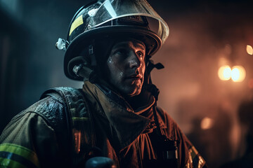 Fototapeta na wymiar Brutal firefighter in uniform and safety helmet holding an oxygen mask and looking sideways with a confident look. Generative ai