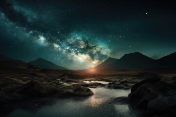 Fototapeta na wymiar serene river flowing through a verdant field under a starry night sky. Generative AI