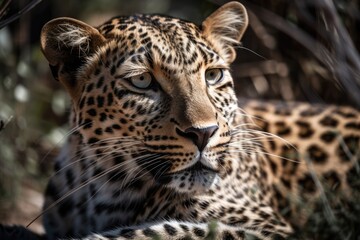 Fototapeta na wymiar A wild leopard rests in the shade of a bush. Generative AI