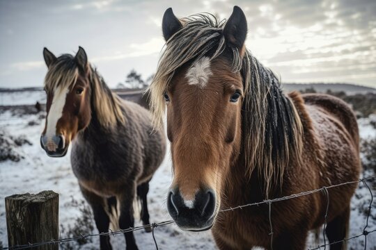 Horses in a paddock in winter weather looking at the camera. Generative AI