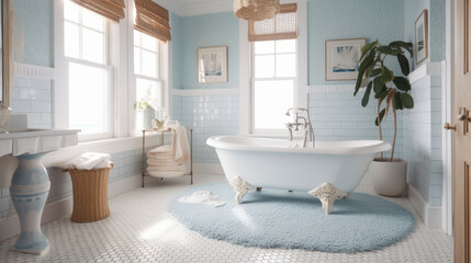 Fototapeta premium ilustración de un baño contemporáneo con toques clasicos, en tonos blancos y suaves turquesas y maderas claras,bañera con patas de madera y azulejos tipo mosaico. Generado con IA Generativa